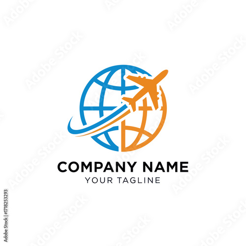 Global Travel and Logistics Logo with Airplane Circling a Stylized Blue and Globe on White Background, Flat Vector Elements, Vector Illustration, Simple Vector, Stylized Vector Drawing, Vector
