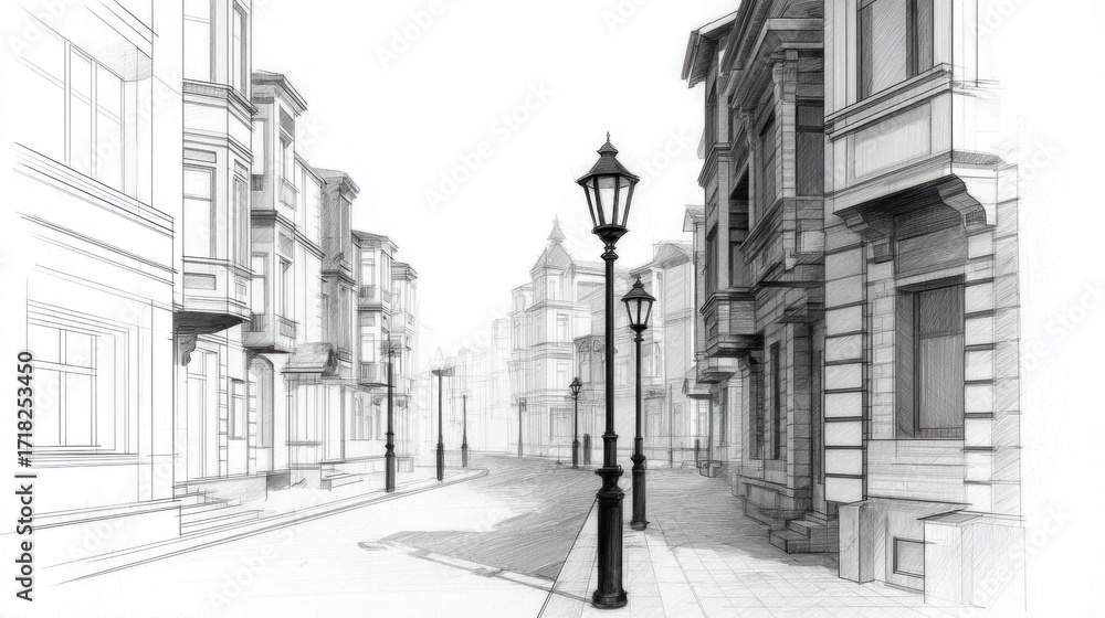 Fototapeta premium Architectural sketch of a serene street with vintage lampposts and elegant buildings, evoking nostalgia
