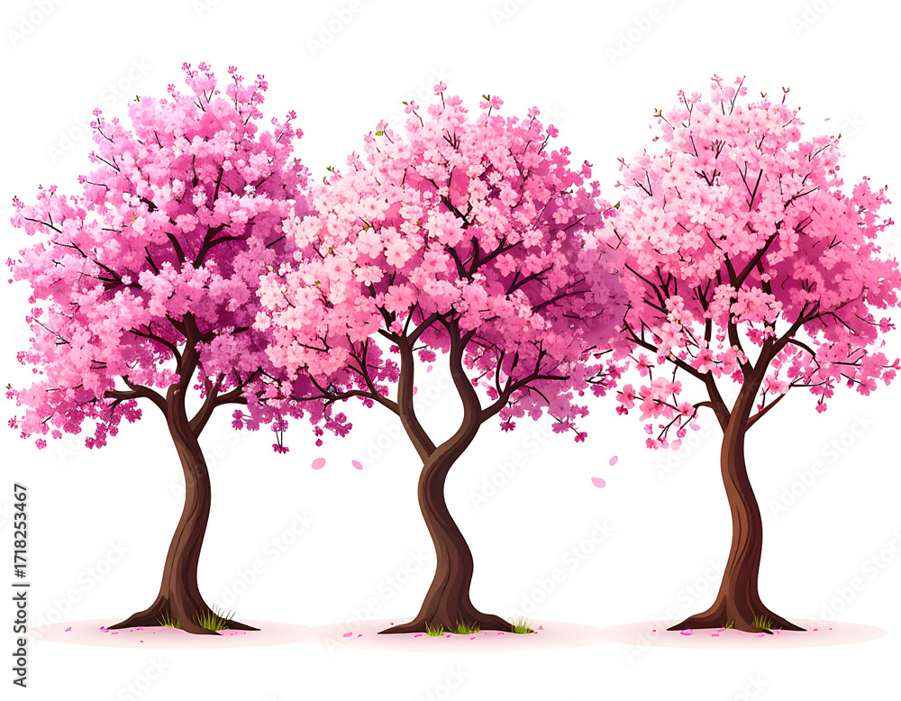 Obraz premium Three pink cherry blossom trees in a row against a black background
