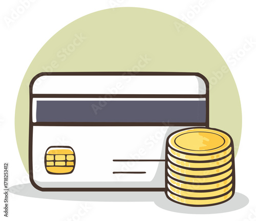 Credit Card with Stack of Golden Coins, Financial Transaction Concept Illustration