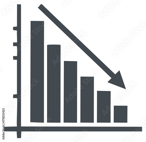 Graphic icon of a decreasing bar chart with a down arrow symbolizing business failure and economic downturn.