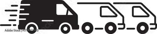 Black and white silhouette icons of delivery vans in motion Keywords: delivery van, truck, van