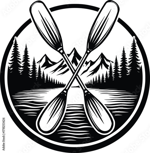 Crossed paddles with mountain forest, lake canoe wilderness badge

