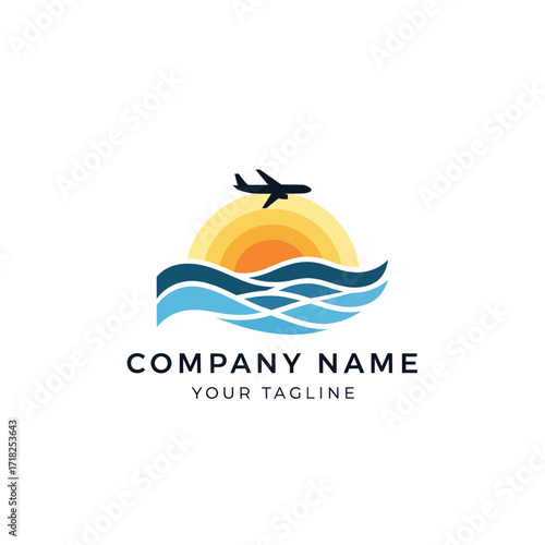 Travel company logo with airplane flying over sun and ocean waves, ideal for tourism and vacation branding, Flat Vector Elements, Vector Illustration, Simple Vector, Stylized Vector Drawing, Vector