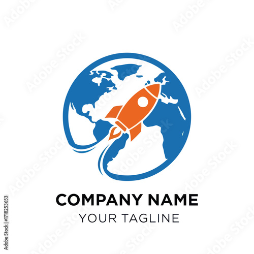 Blue Earth Globe and Rocket Launch Logo Design on White Background, Embodying Global Reach, Business Growth, Technology, Innovation, and Speed for Modern Branding., Flat Vector Elements, Vector