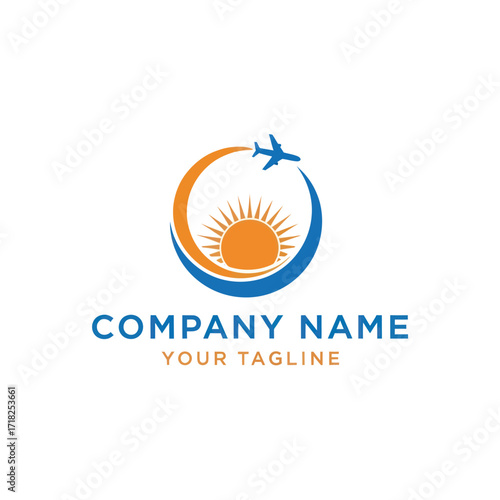 Modern Blue and Travel Logo featuring an Airplane flying around a Sun with Arcs, ideal for Tourism Companies, Airlines, or Vacation Agencies, on a White Background, Flat Vector Elements, Vector