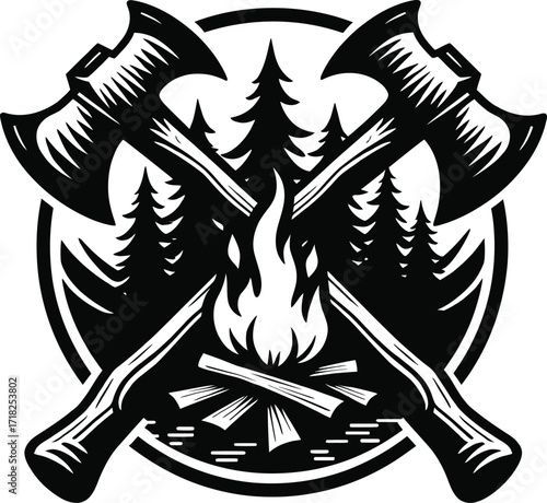 Crossed axes with forest firewood, rustic camping adventure emblem drawing

