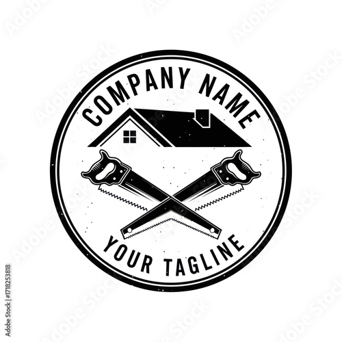 Construction & Carpentry Logo Emblem featuring House Icon and Crossed Saws, Distressed Circular Design for Home Renovation, Builder, or Handyman Company Branding on White Background., Flat Vector