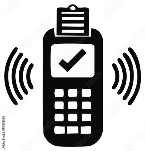 Wireless Payment Device Icon with Tick Mark Confirmation and Keypad Interface  in Black Silhouette