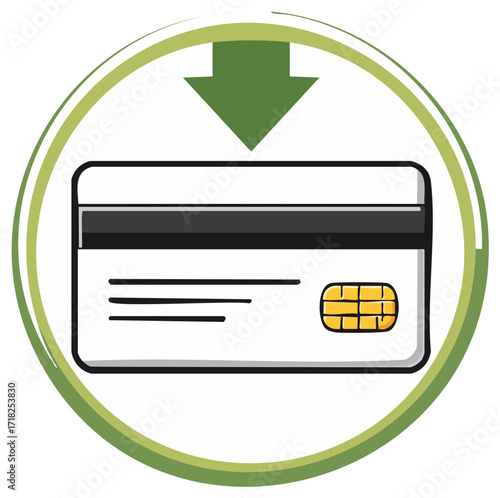 Credit or debit card with arrow pointing down to card reader in a green circle
