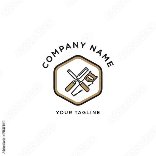 Modern Woodworking & Carpentry Logo Featuring Crossed Chisel and Hand Saw in a Hexagonal Emblem, Ideal for Craftsman or DIY Business Branding, Flat Vector Elements, Vector Illustration, Simple