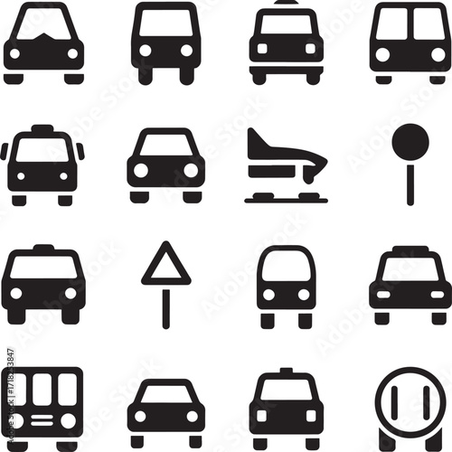 Black Icons of Cars Buses and Traffic Signs on White Background Keywords: car, bus, taxi, traffic