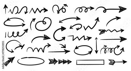 Collection of various hand drawn arrow and directional sketch elements