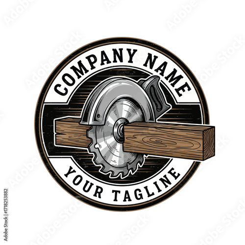 Industrial Woodworking Logo with Circular Saw Cutting Wood, Distressed Retro Style Emblem for Carpentry and Construction Businesses, Flat Vector Elements, Vector Illustration, Simple Vector, Stylized