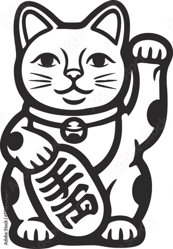 Vector Lucky Cat illustration isolated on white background. Maneki neko trendy character. Cute kitty rich and happy