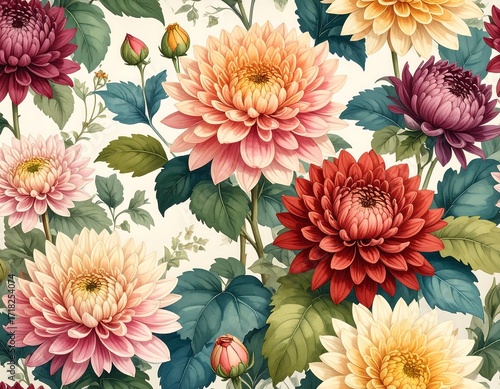 Vibrant floral pattern with various shades of dahlias