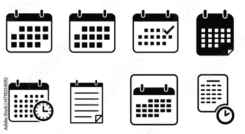 Collection of black and white calendar and schedule icons isolated on white