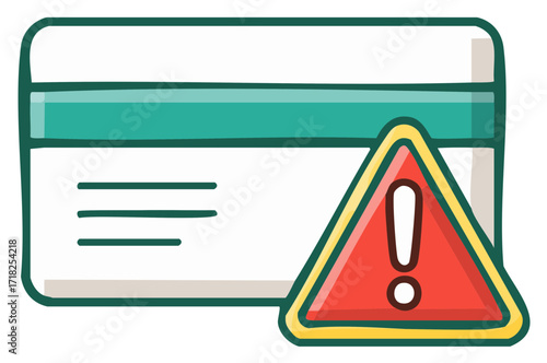 Cartoon credit card with warning sign, financial alert, transaction fraud.