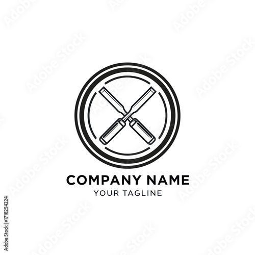 Monochrome Woodworking Logo with Crossed Chisels in a Circle, Featuring Company Name and Tagline on a White Background, Flat Vector Elements, Vector Illustration, Simple Vector, Stylized Vector