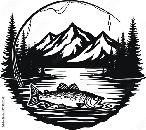 Fishing in lake with mountains, outdoor adventure landscape illustration

