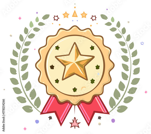 Gold Star Award Medal with Laurel Wreath Illustration for Achievement and Success