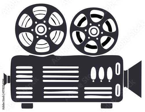 Vintage film projector illustration black silhouette. Retro cinema entertainment
