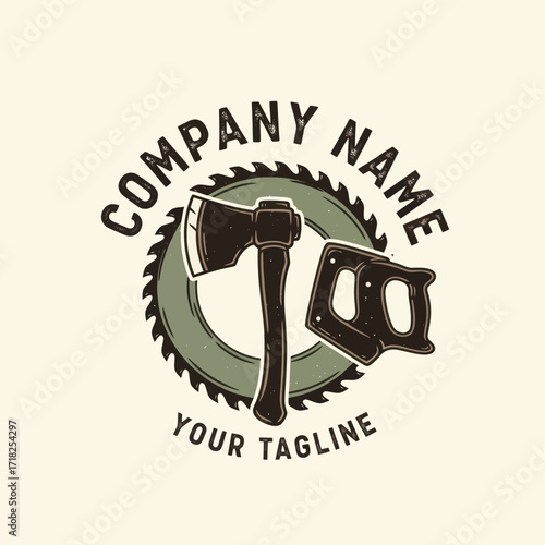 Woodworking Company Logo with and Circular Saw Blade - Retro Distressed Lumberjack Emblem for Carpentry and Timber Industry Branding on Cream Background, Flat Vector Elements, Vector Illustration,