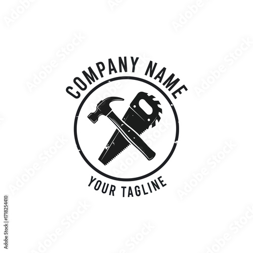 Distressed Hammer and Saw Logo, Black and White Emblem for Carpentry, Handyman, or Construction Business, Retro Industrial Tools Graphic on White Background, Flat Vector Elements, Vector