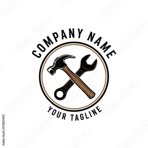 Handyman & Repair Service Logo: Crossed Hammer & Wrench in a Classic Round Emblem with Company Name and Tagline, perfect for Construction or DIY Branding on a Clean White Background., Flat Vector