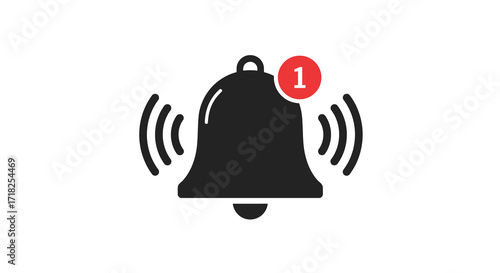 Simple black notification bell icon with a red alert number one