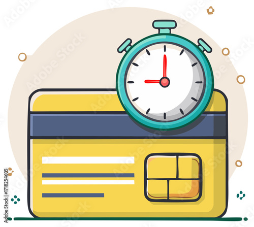 Credit card and stopwatch illustration representing fast payments or time sensitive transactions