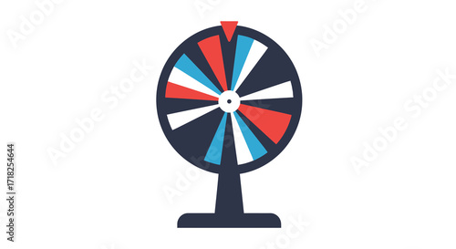 A colorful game wheel with red white and blue segments displayed