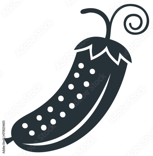 Stylized dark green pickle with white dots and curly stem isolated on white background