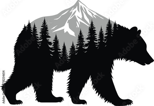 Bear silhouette with mountain and pine forest, wildlife outdoor emblem


