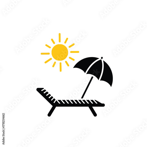 A sunny day at the beach with a lounge chair and umbrella