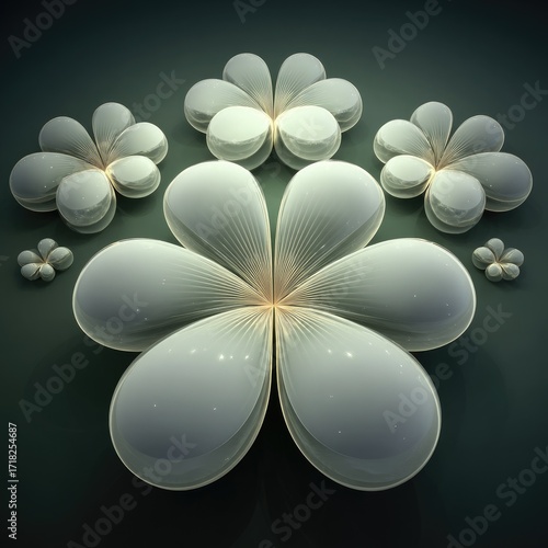A stylized floral design, featuring multiple, layered, light-grey flowers on a deep-green background, highlighting a three-dimensional, decorative effect.
