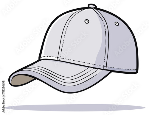 Stylish gray baseball cap on a white background. Cartoon illustration of a sports cap with shading and stitching details.