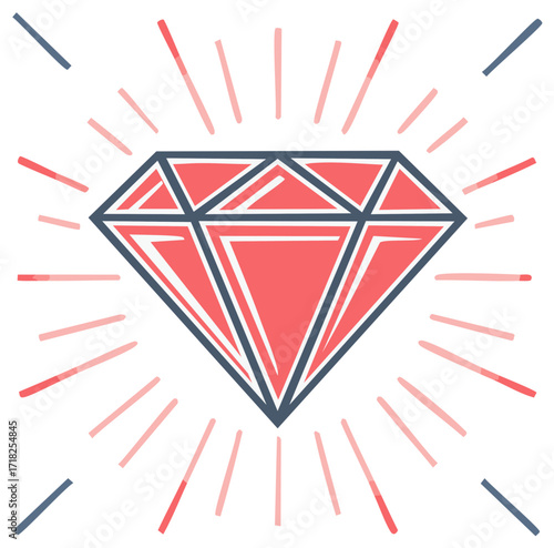 Radiating Red Diamond Illustration Sparkling with Facets and Light Strokes