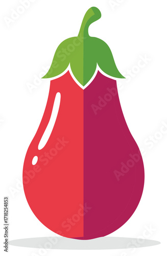 Stylized eggplant vegetable with green stem and leaves flat design graphic
