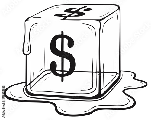 Frozen Dollar Symbol Melts Slowly Indicating Economic Decline in Winter Season