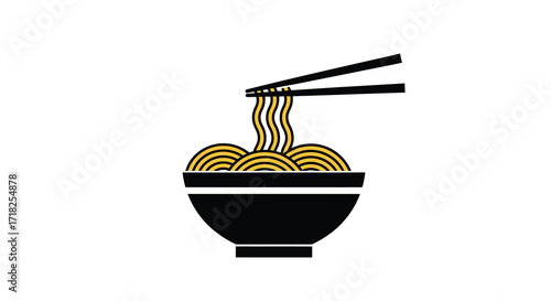 Simple illustration of asian noodles in a black bowl with chopsticks