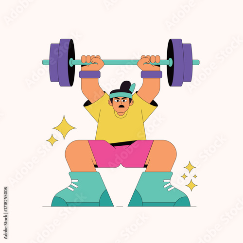Cartoon character powerfully lifting barbell, fitness goals achieved, energetic and strong, workout motivation, healthy lifestyle, strength training progress
