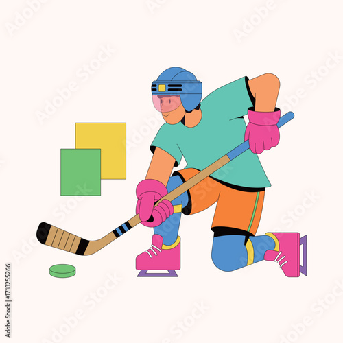 Dynamic hockey player illustration with stick, puck, and geometric shapes, perfect for sports branding, team spirit graphics, and energetic promotional materials