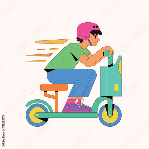 Modern playful illustration of person riding electric scooter with helmet, promoting eco-friendly commuting and active lifestyle in vibrant colors