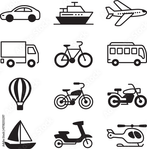 Collection of black transportation vehicle icons on white background Keywords: car, automobile, sedan