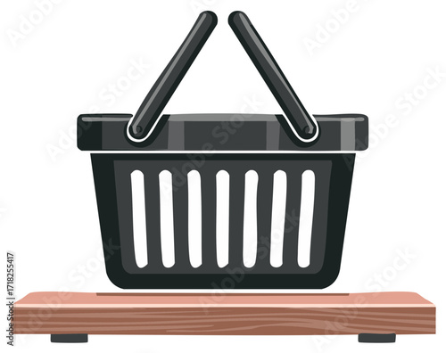 Dark Shopping Basket on Wooden Stand Depicts Retail Symbolism and Market Freshness Aesthetic