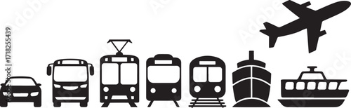 Collection of black transportation vehicle icons on white Keywords: car, bus, tram, train, airplane