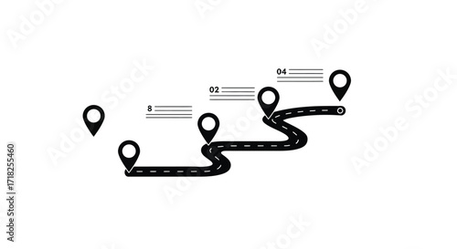 A winding road depicted with location pins and distance markers