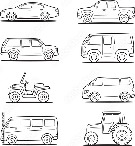 Collection of Hand Drawn Vehicle Silhouettes Including Cars Trucks and Tractor sedan pickup truck