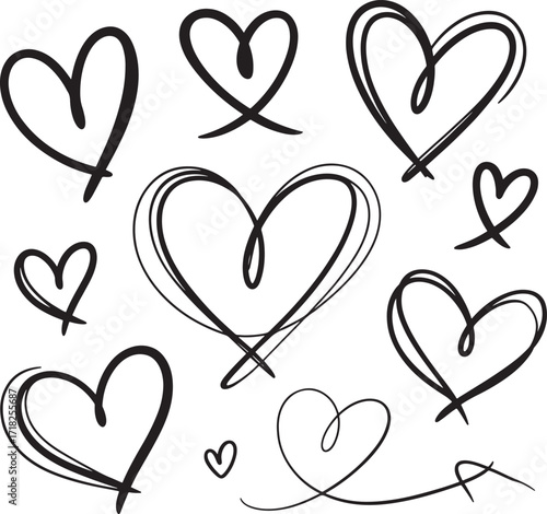 Collection of Hand Drawn Scribbled Hearts on White Background Keywords: heart, love, symbol, drawing